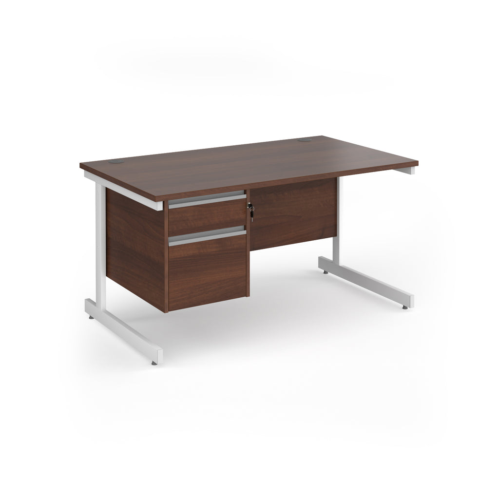 Rectangular desk with wood-effect top and matching 2-drawer pedestal, with  white metal frame, shown on a white background