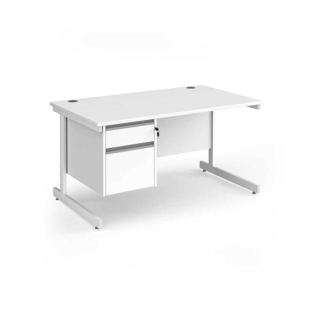 White rectangular desk with matching 2-drawer pedestal and metal frame, shown on a white background