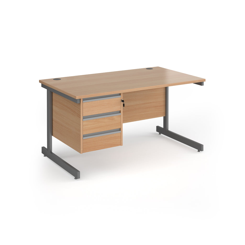 Rectangular desk with wood-effect top and matching 3-drawer pedestal, grey metal frame, shown on a white background