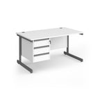 Rectangular desk with white top and matching 3-drawer pedestal, grey metal frame, shown on a white background