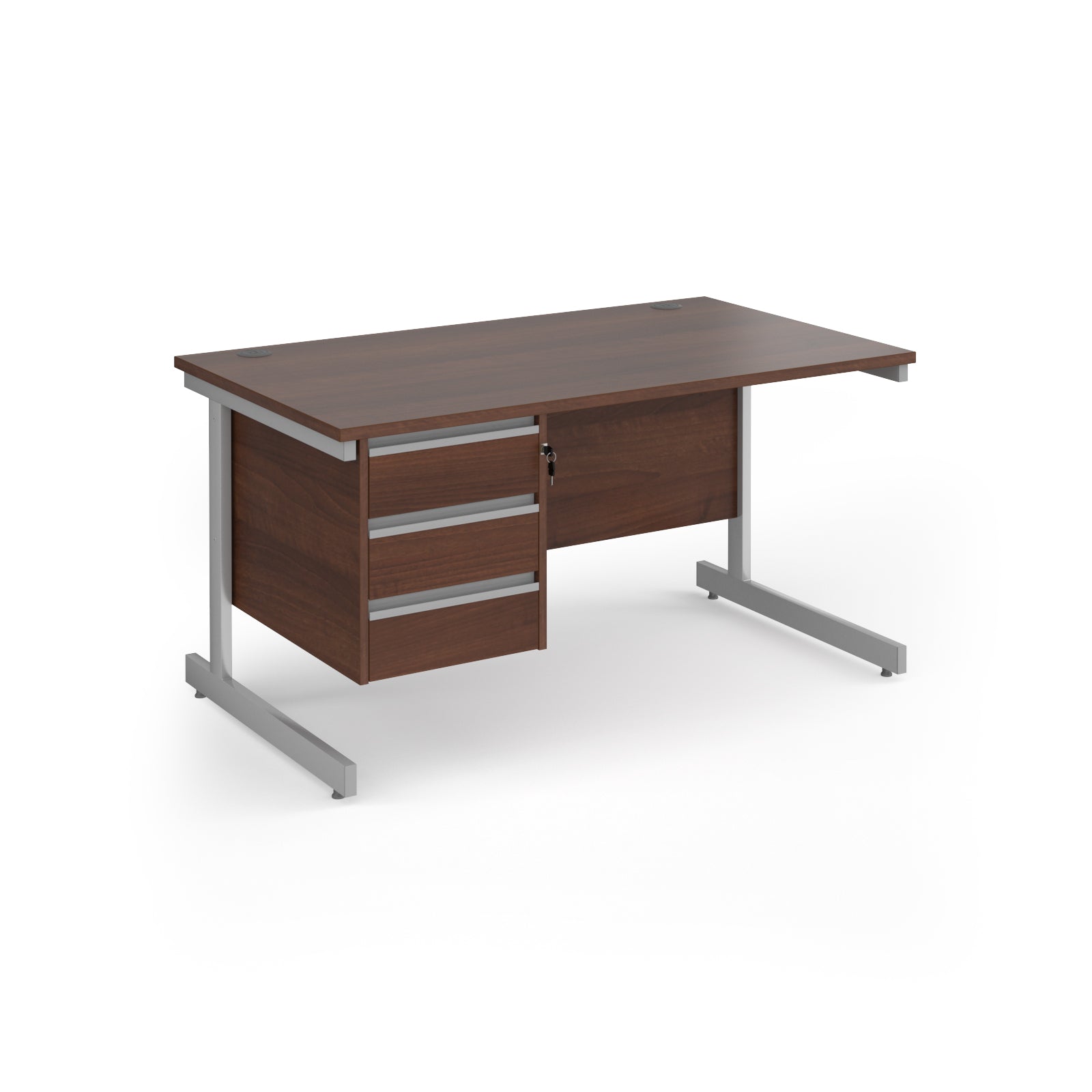 Rectangular desk with wood-effect top and matching 3-drawer pedestal, silver metal frame, shown on a white background