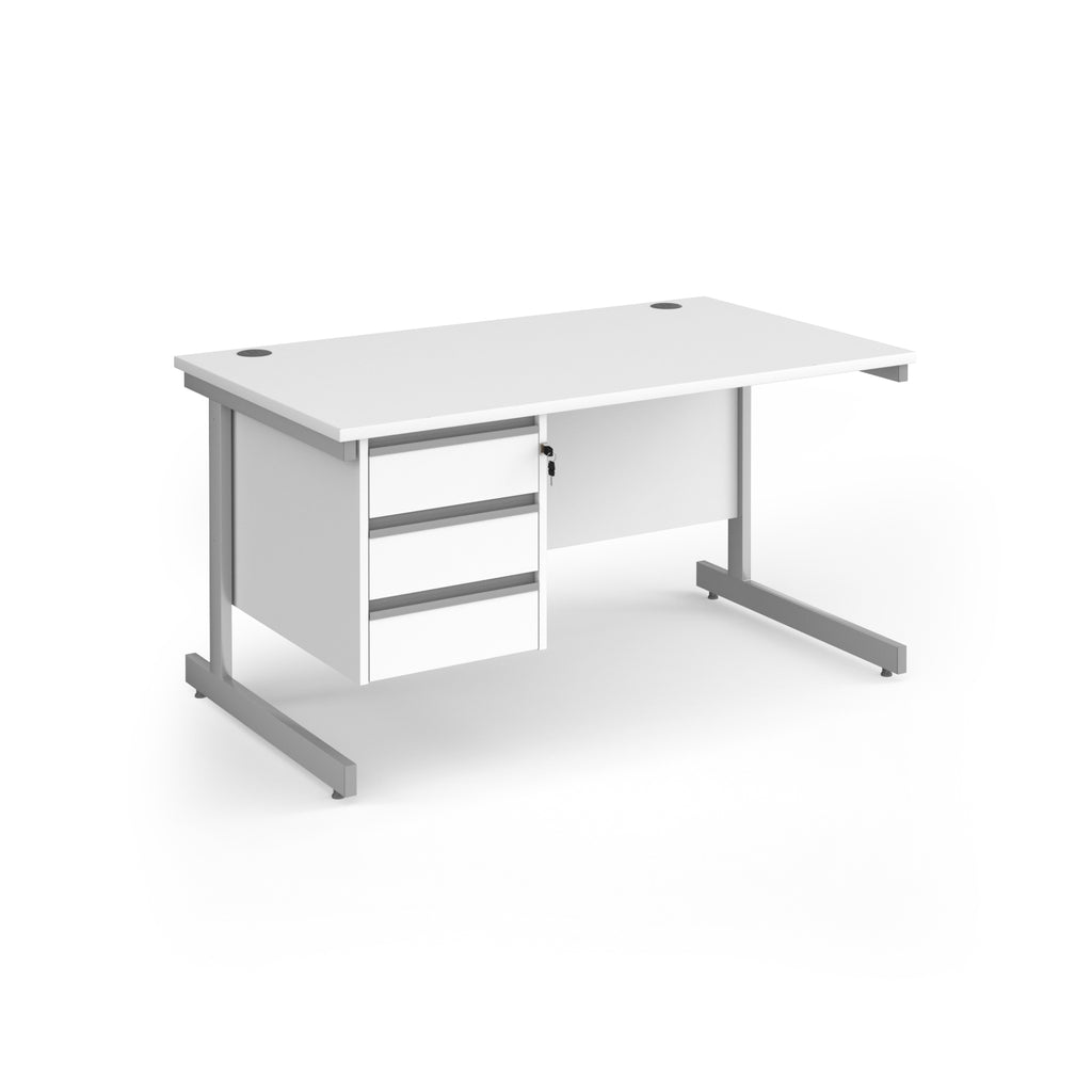 Rectangular desk with white top and matching 3-drawer pedestal, silver metal frame, shown on a white background