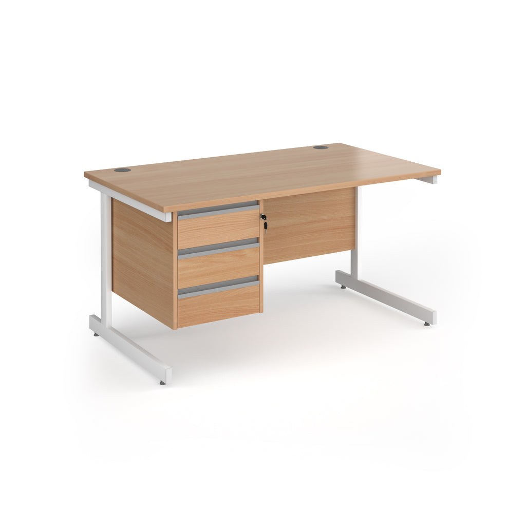 Rectangular desk with wood-effect top and matching 3-drawer pedestal, white metal frame, shown on a white background