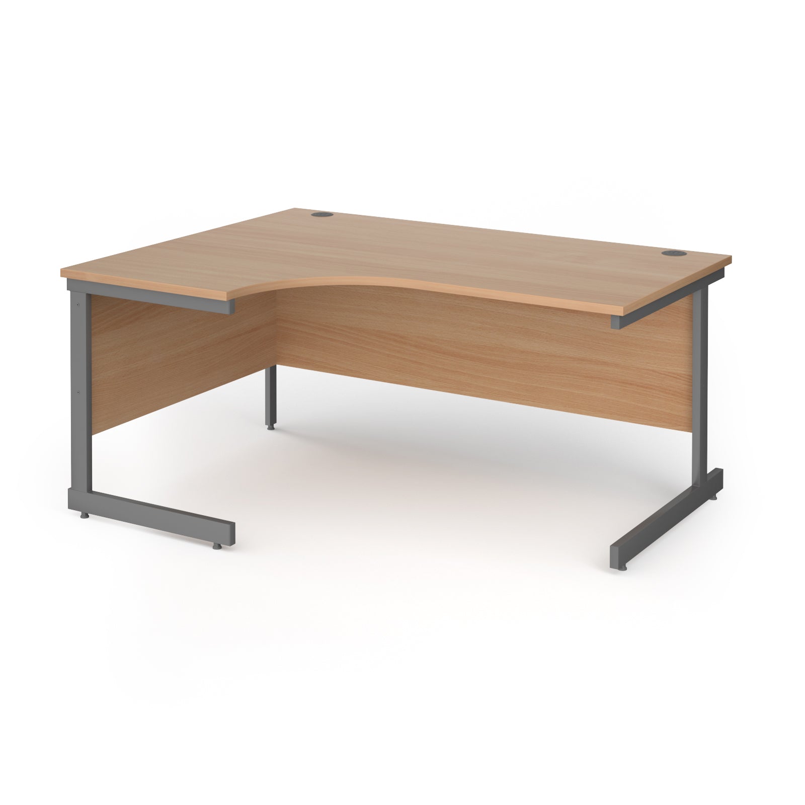 Corner desk with wood-effect top and grey metal frame on a white background
