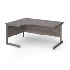 Corner desk with grey wood-effect top and grey metal frame on a white background