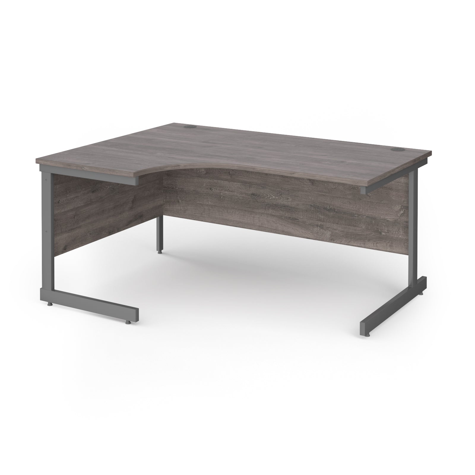 Corner desk with grey wood-effect top and grey metal frame on a white background