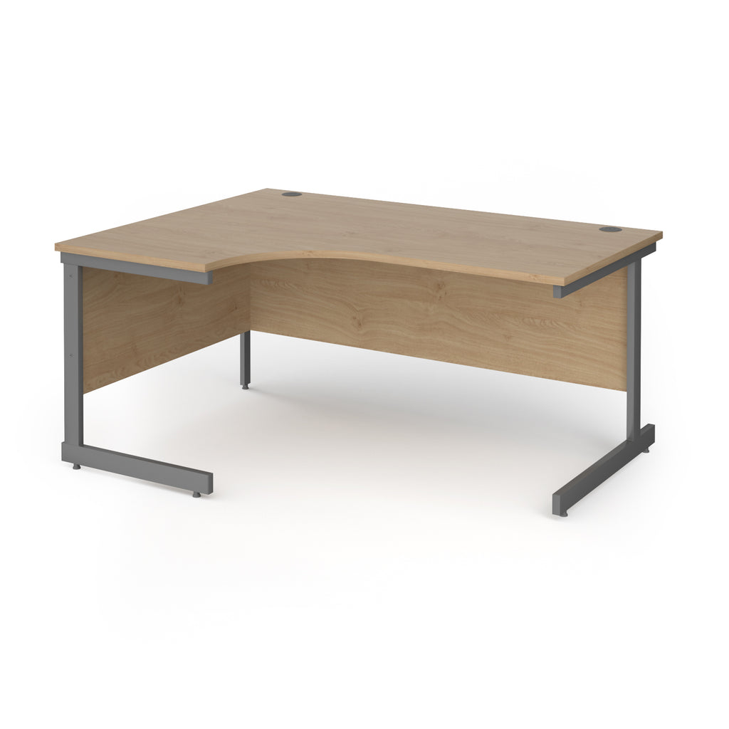 Corner desk with wood-effect top and grey metal frame on a white background