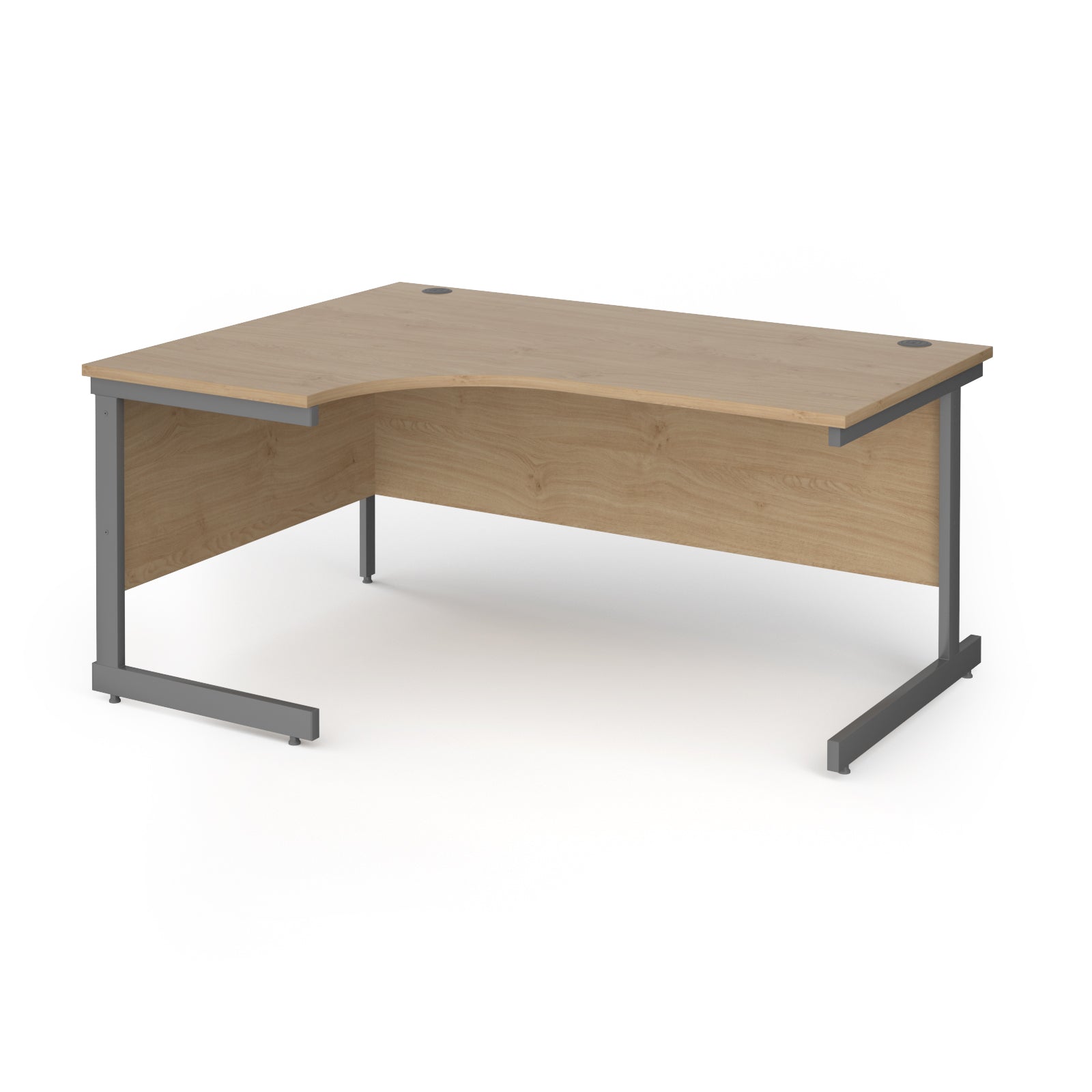 Corner desk with wood-effect top and grey metal frame on a white background