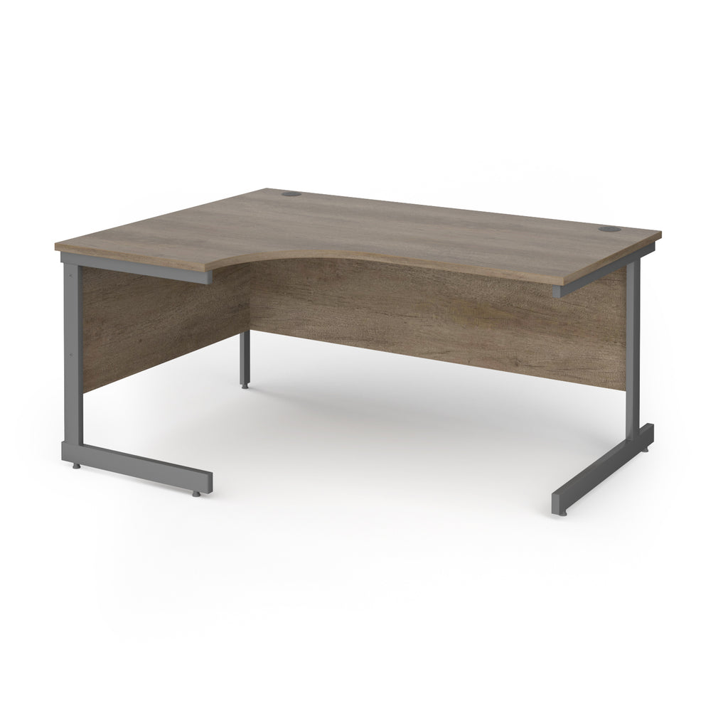 Corner desk with wood-effect top and grey metal frame on a white background
