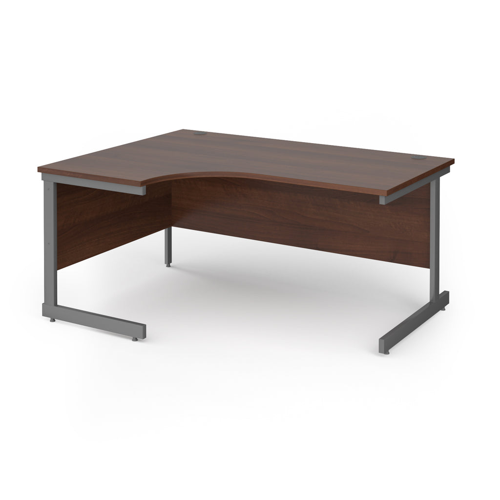 Corner desk with wood-effect top and grey metal frame on a white background
