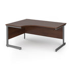Corner desk with wood-effect top and grey metal frame on a white background