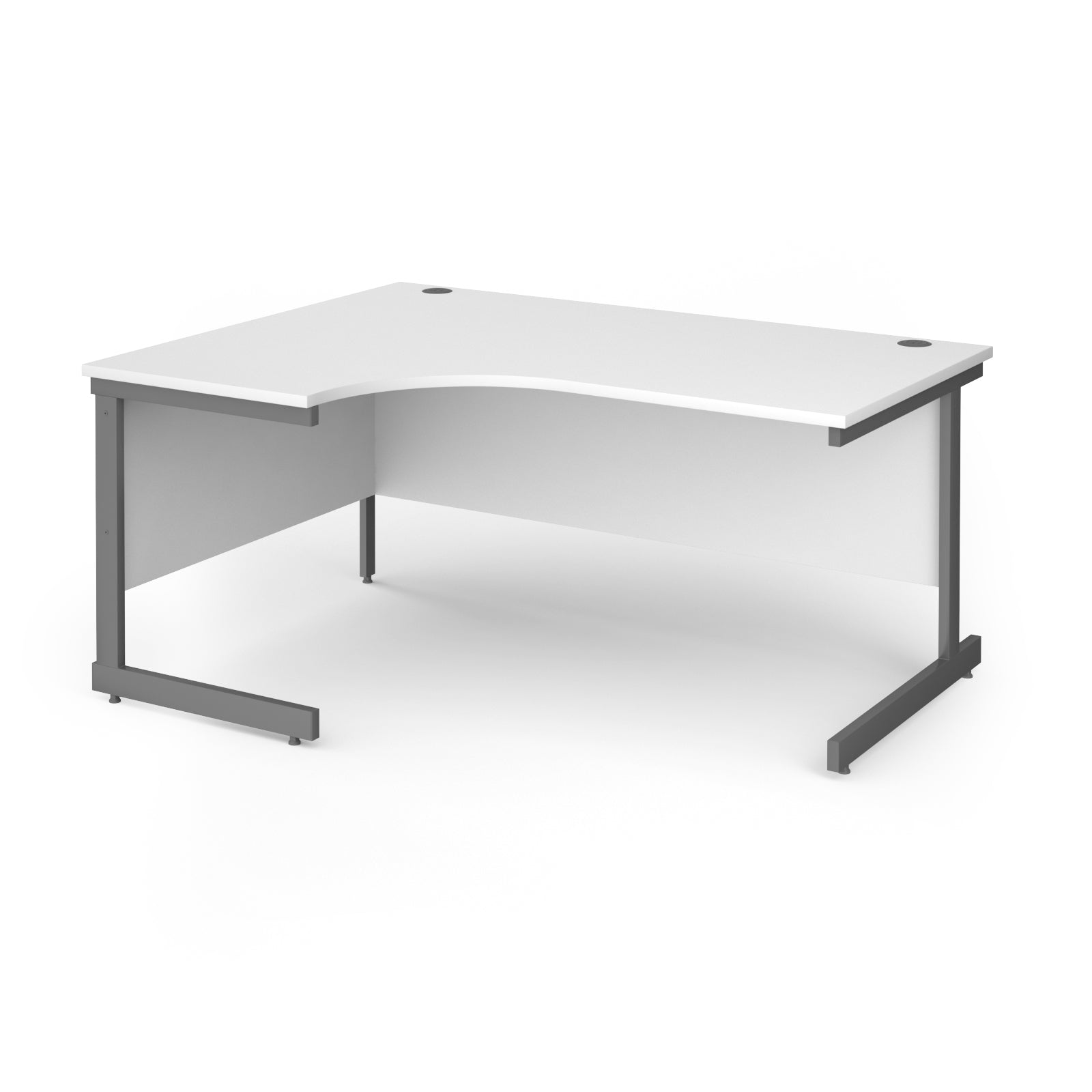 Corner desk with white top and grey metal frame on a white background