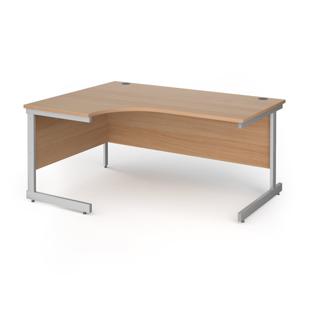 Corner desk with wood-effect top and silver metal frame on a white background