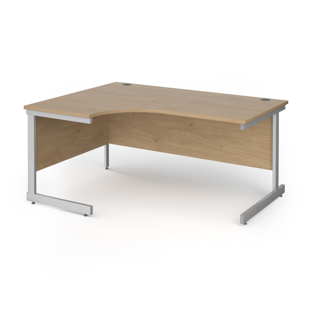 Corner desk with wood-effect top and silver metal frame on a white background