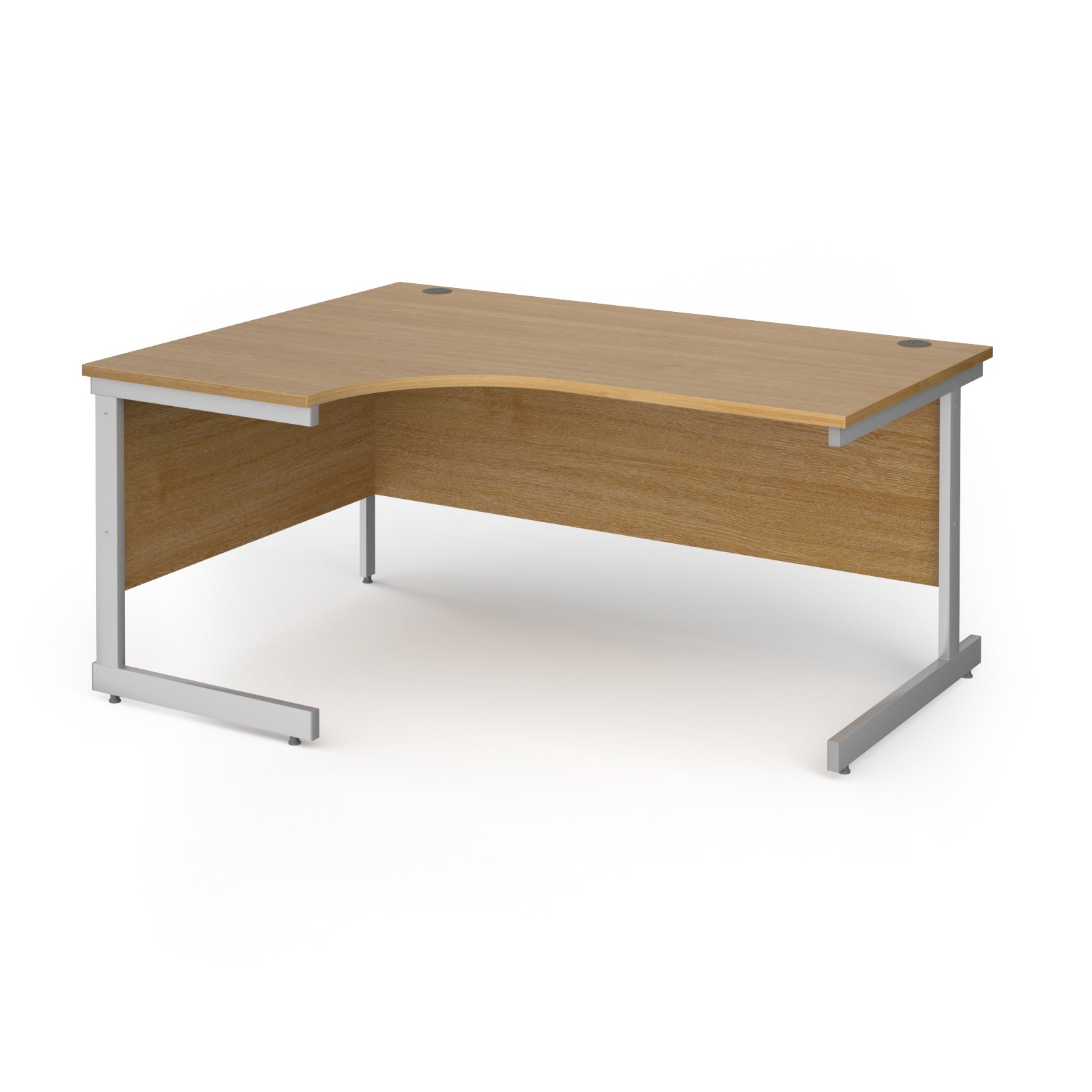 Corner desk with wood-effect top and silver metal frame on a white background