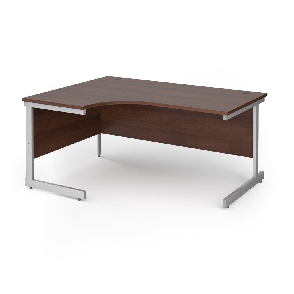 Corner desk with wood-effect top and silver metal frame on a white background