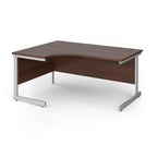 Corner desk with wood-effect top and silver metal frame on a white background
