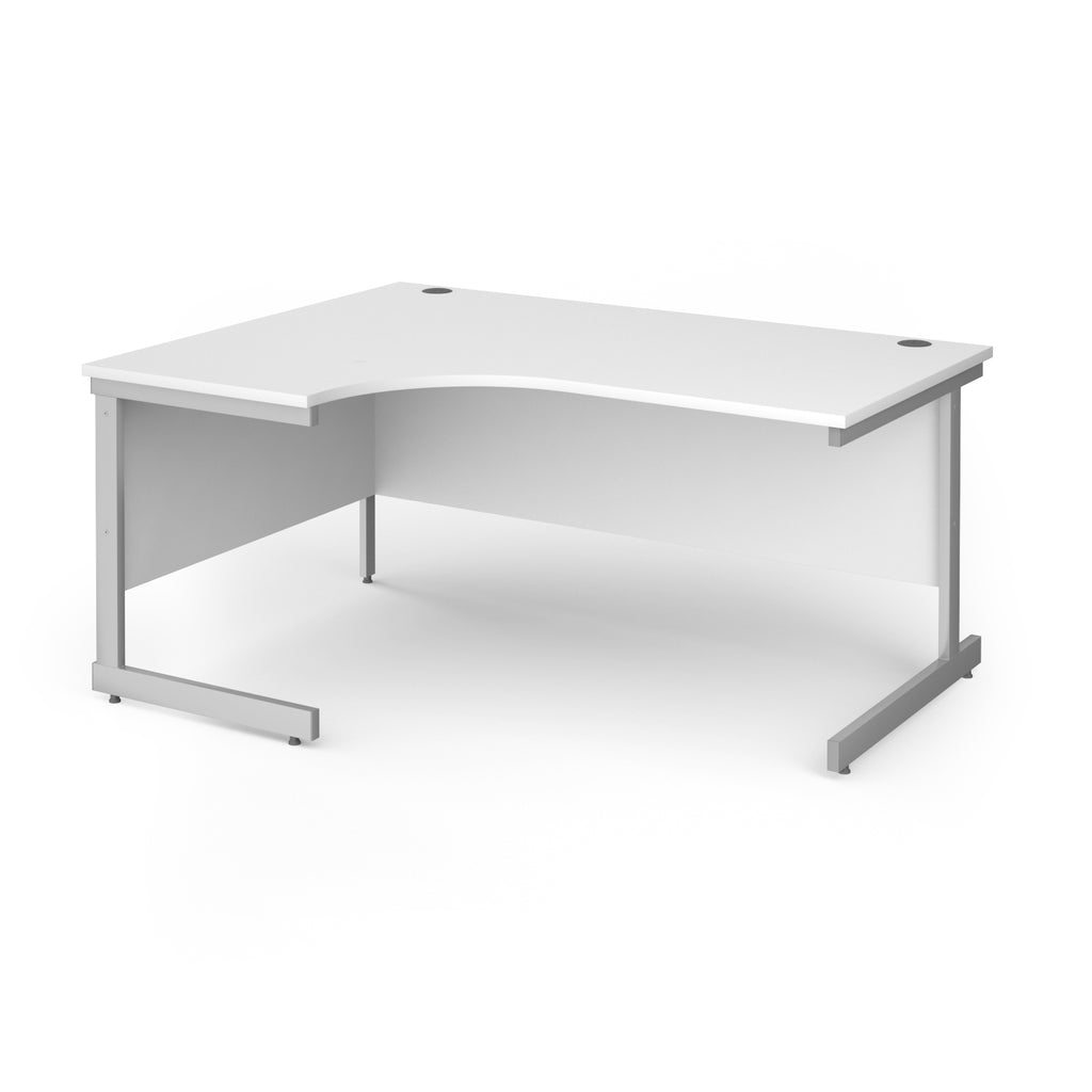 Corner desk with white top and silver metal frame on a white background