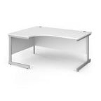 Corner desk with white top and silver metal frame on a white background