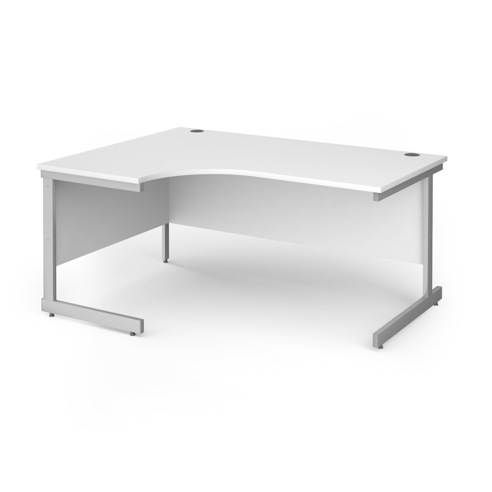 Corner desk with white top and silver metal frame on a white background