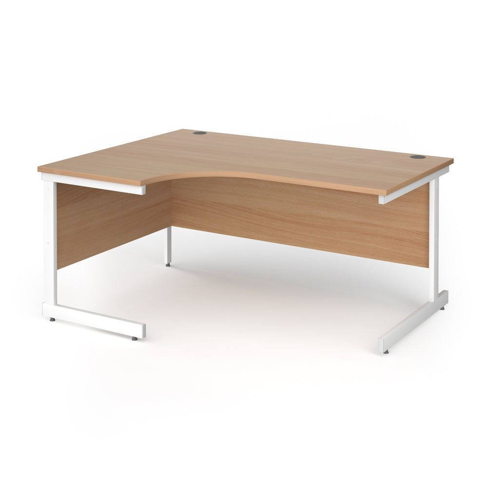 Corner desk with wood-effect top and white metal frame on a white background