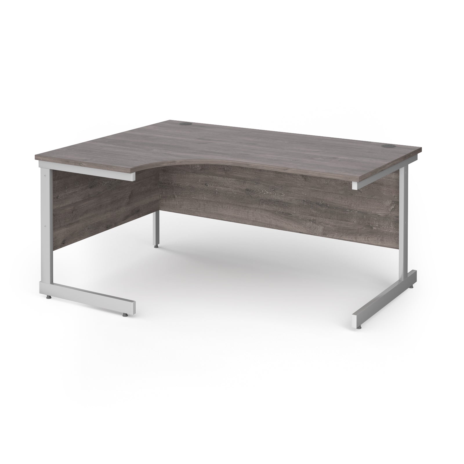 Corner desk with grey wood-effect top and white metal frame on a white background