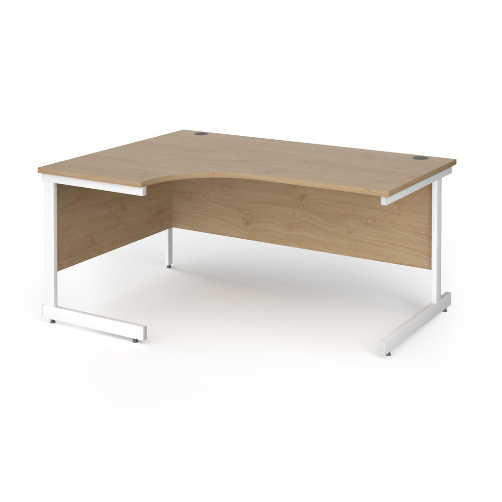 Corner desk with wood-effect top and white metal frame on a white background