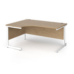 Corner desk with wood-effect top and white metal frame on a white background