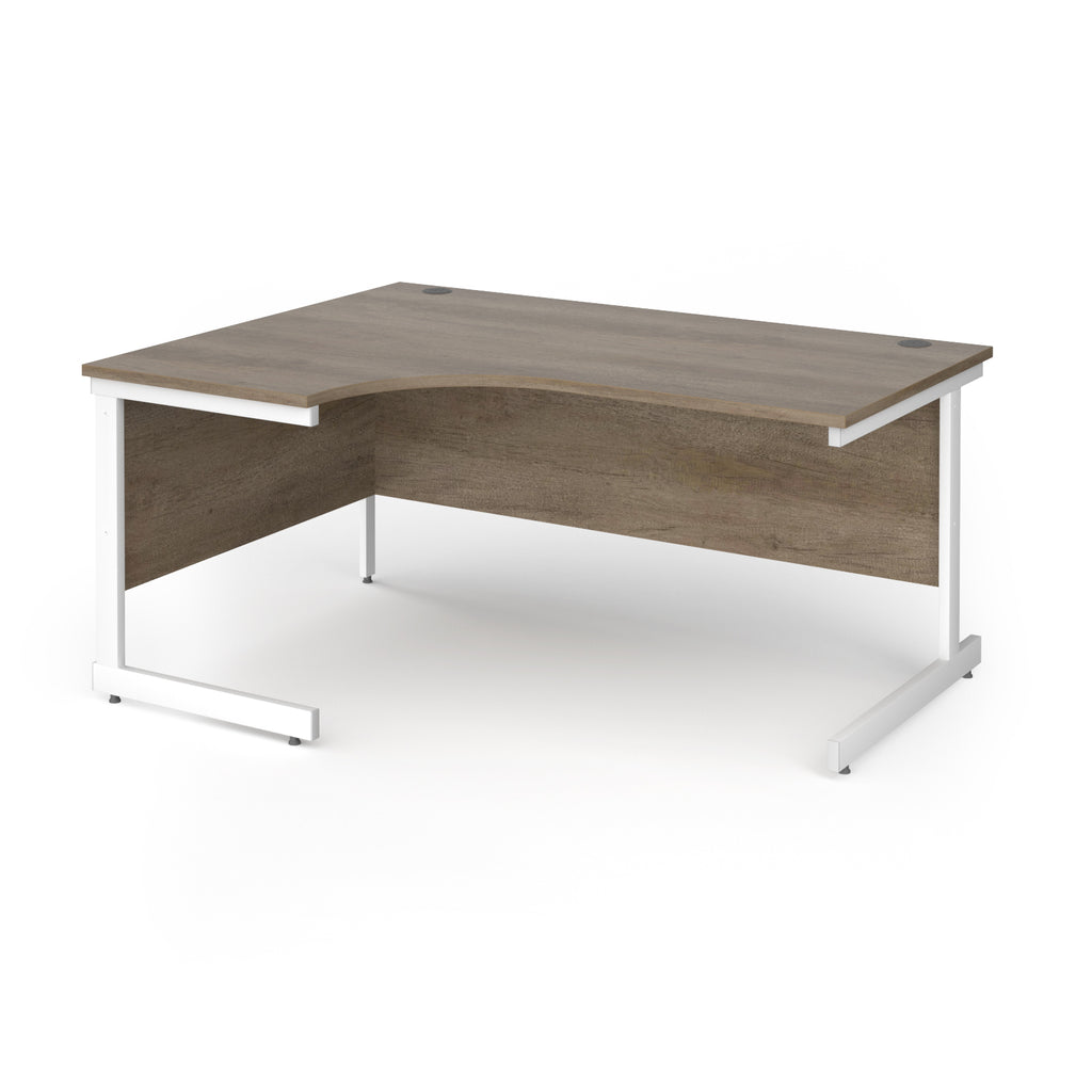 Corner desk with wood-effect top and white metal frame on a white background