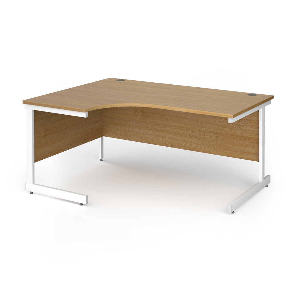 Corner desk with wood-effect top and white metal frame on a white background