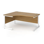 Corner desk with wood-effect top and white metal frame on a white background