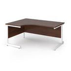 Corner desk with wood-effect top and white metal frame on a white background
