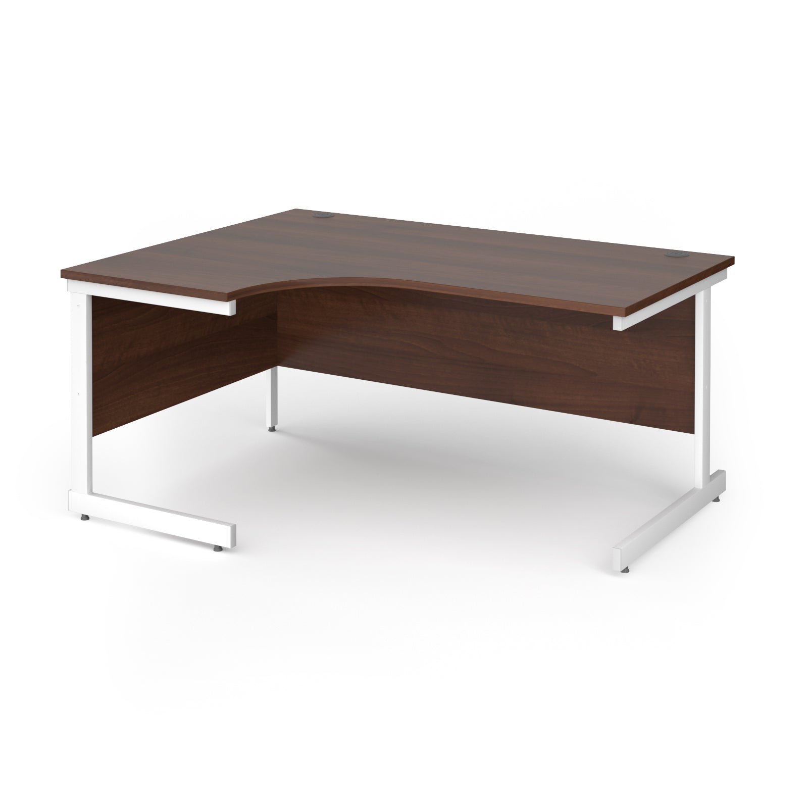 Corner desk with wood-effect top and white metal frame on a white background