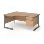 Corner office desk with a light beech wood grain finish and a dark grey metal frame, featuring a two-drawer cabinet on the right side.