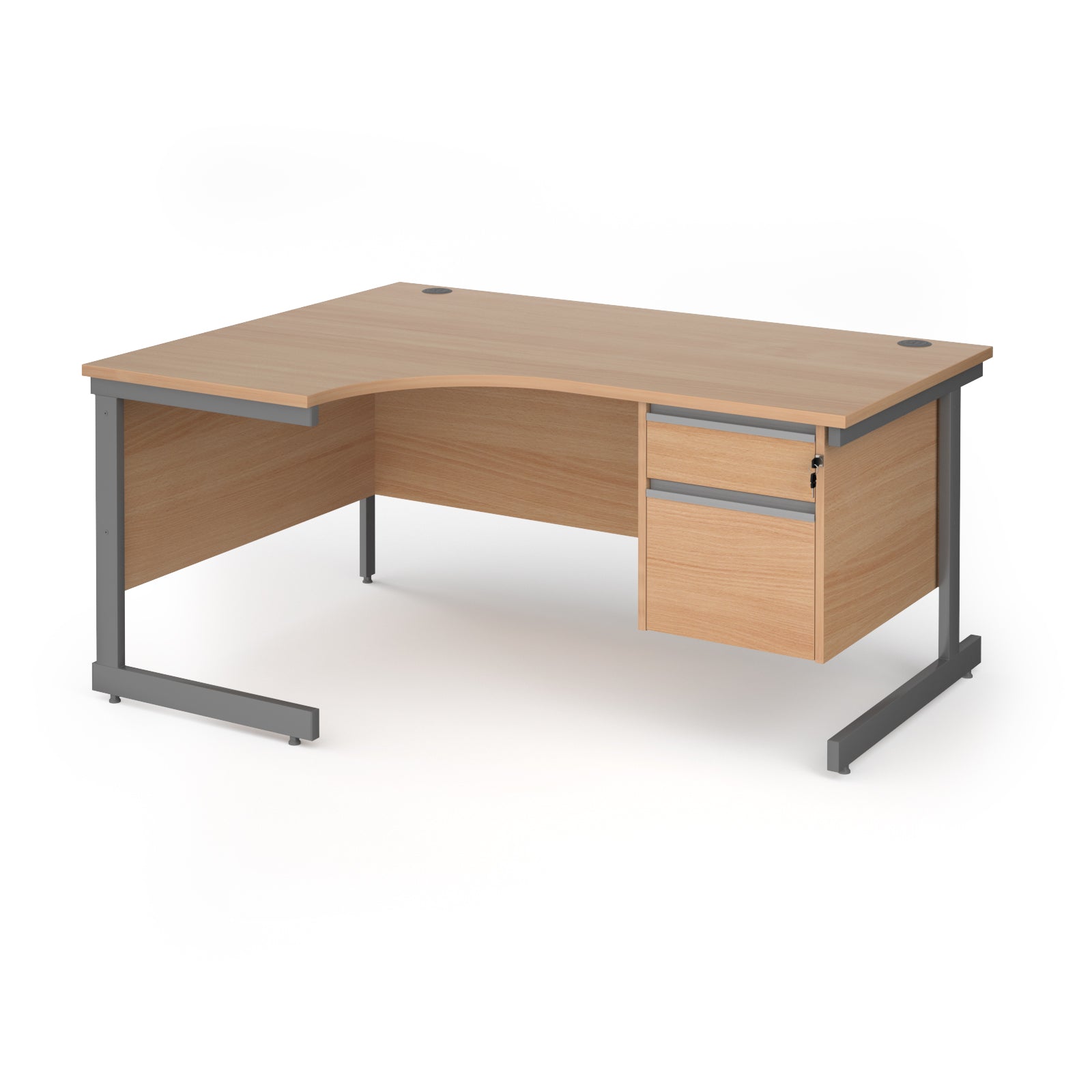 Corner office desk with a light beech wood grain finish and a dark grey metal frame, featuring a two-drawer cabinet on the right side.