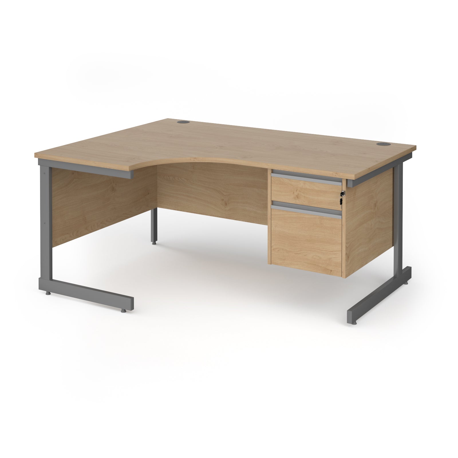 Corner office desk with a light oak wood grain finish and a dark grey metal frame, featuring a two-drawer pedestal on the right side.