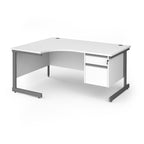 Corner office desk with a white desktop and drawer unit, supported by a grey metal frame, shown on a plain white background.
