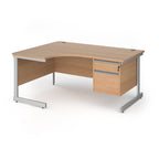 Corner office desk with a light beech wood grain finish and a silver metal frame, featuring a single drawer on the right with silver handles.