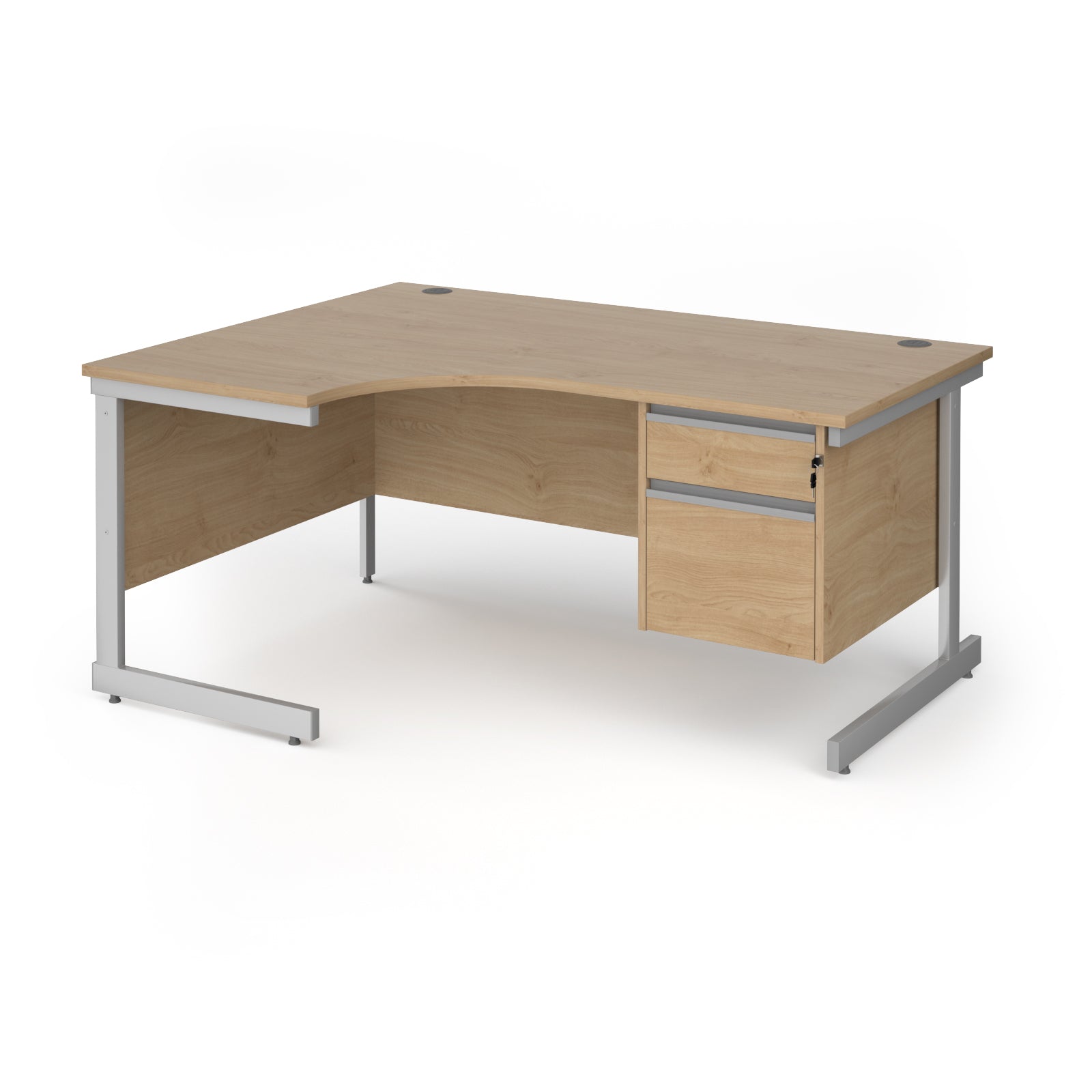 Corner office desk with a light oak wood grain finish and a silver metal frame, featuring two drawers on the right side.