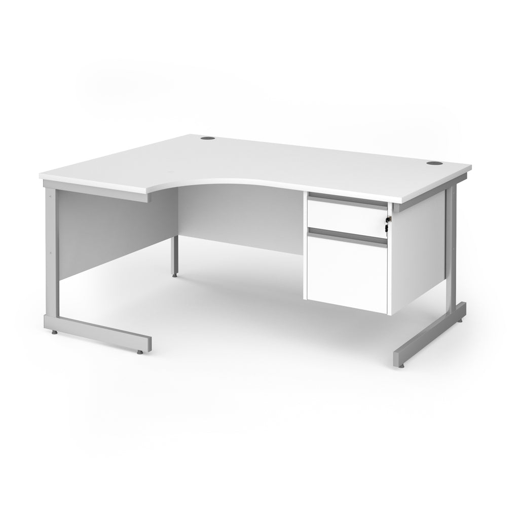 A white corner office desk with a two-drawer pedestal on the right and a silver metal frame, shown on a solid white background.