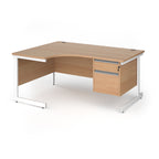 Corner office desk with a light wood grain finish and a white metal frame, featuring two drawers on the right side.