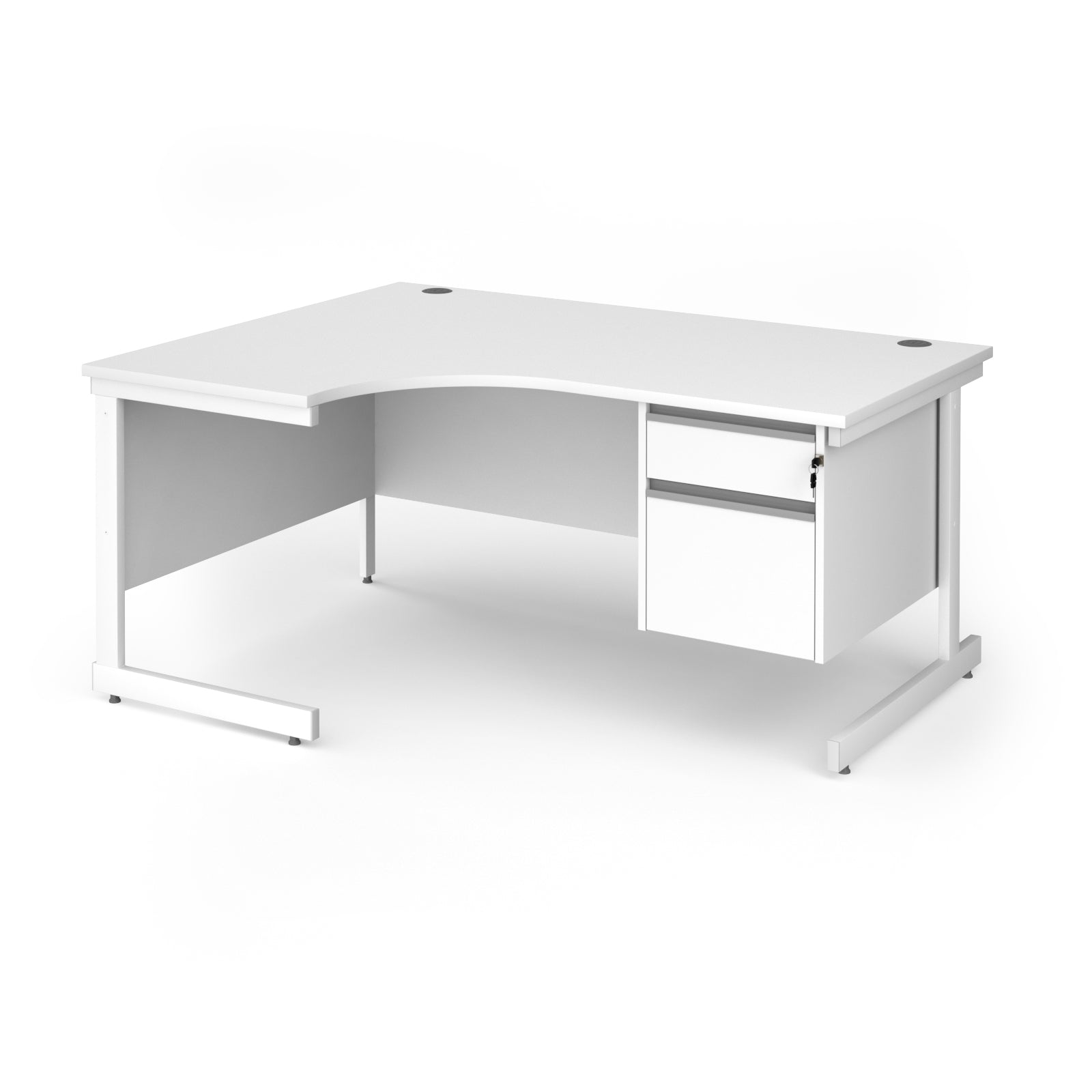 White corner office desk with two drawers on the right side, shown on a clean white background.