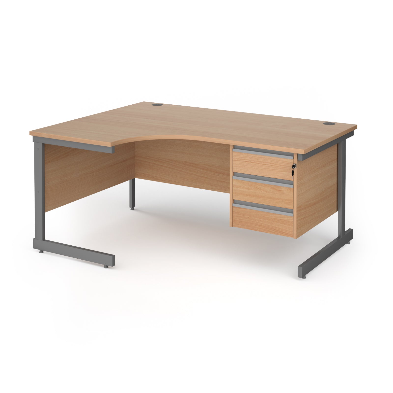 Corner office desk with a light beech wood grain finish and a dark grey metal frame, featuring a three-drawer cabinet on the right side.