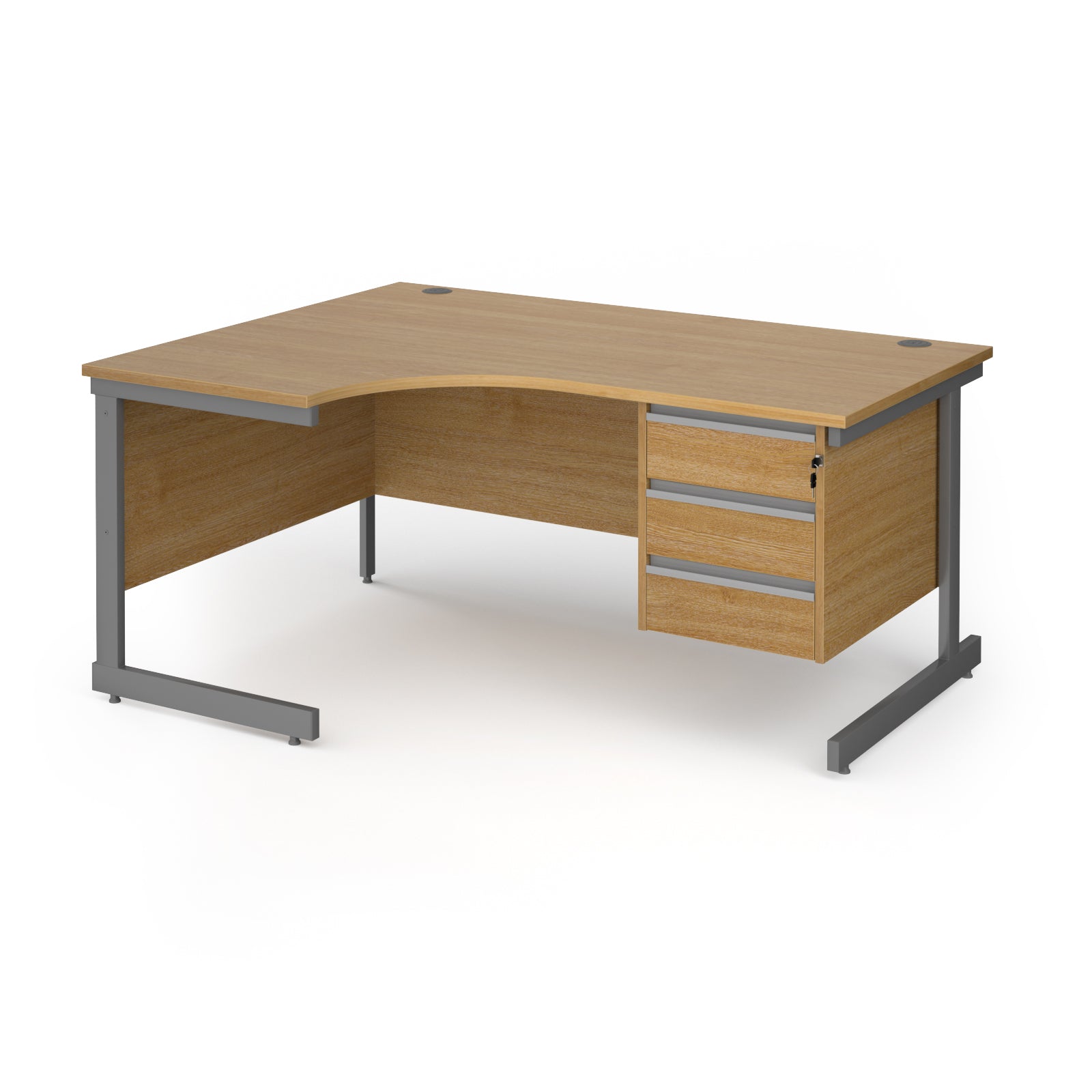 Corner office desk with a light oak wood grain finish and a dark grey metal frame, featuring three drawers on the right side.