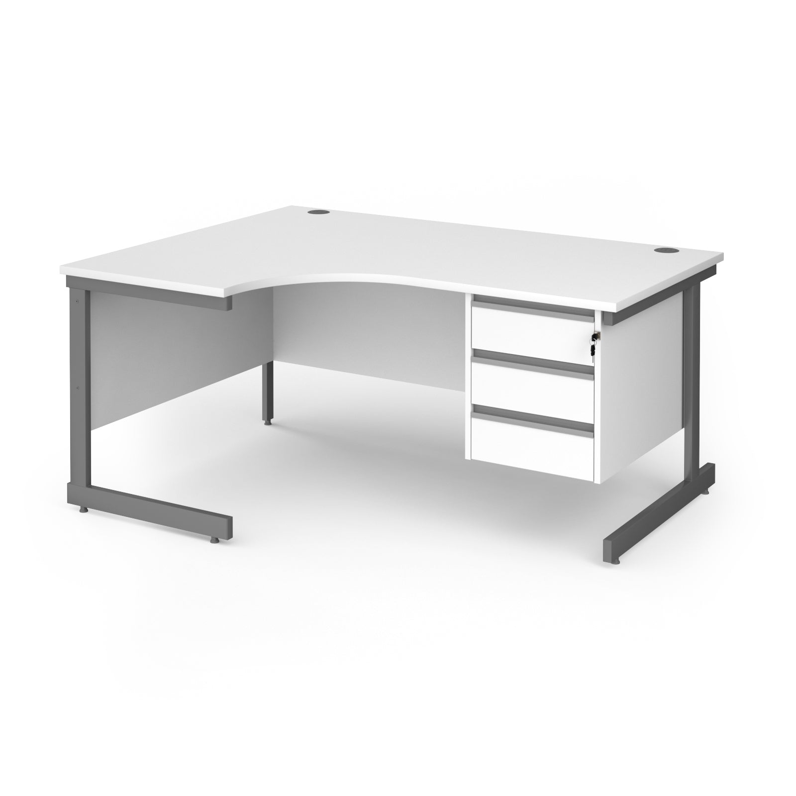 Corner office desk with a white desktop and drawer unit, supported by a grey metal frame, shown on a plain white background.