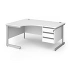 A white corner office desk with a three-drawer pedestal on the right and a silver metal frame, shown on a solid white background.