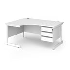 White corner office desk with three drawers on the right side, shown on a clean white background.