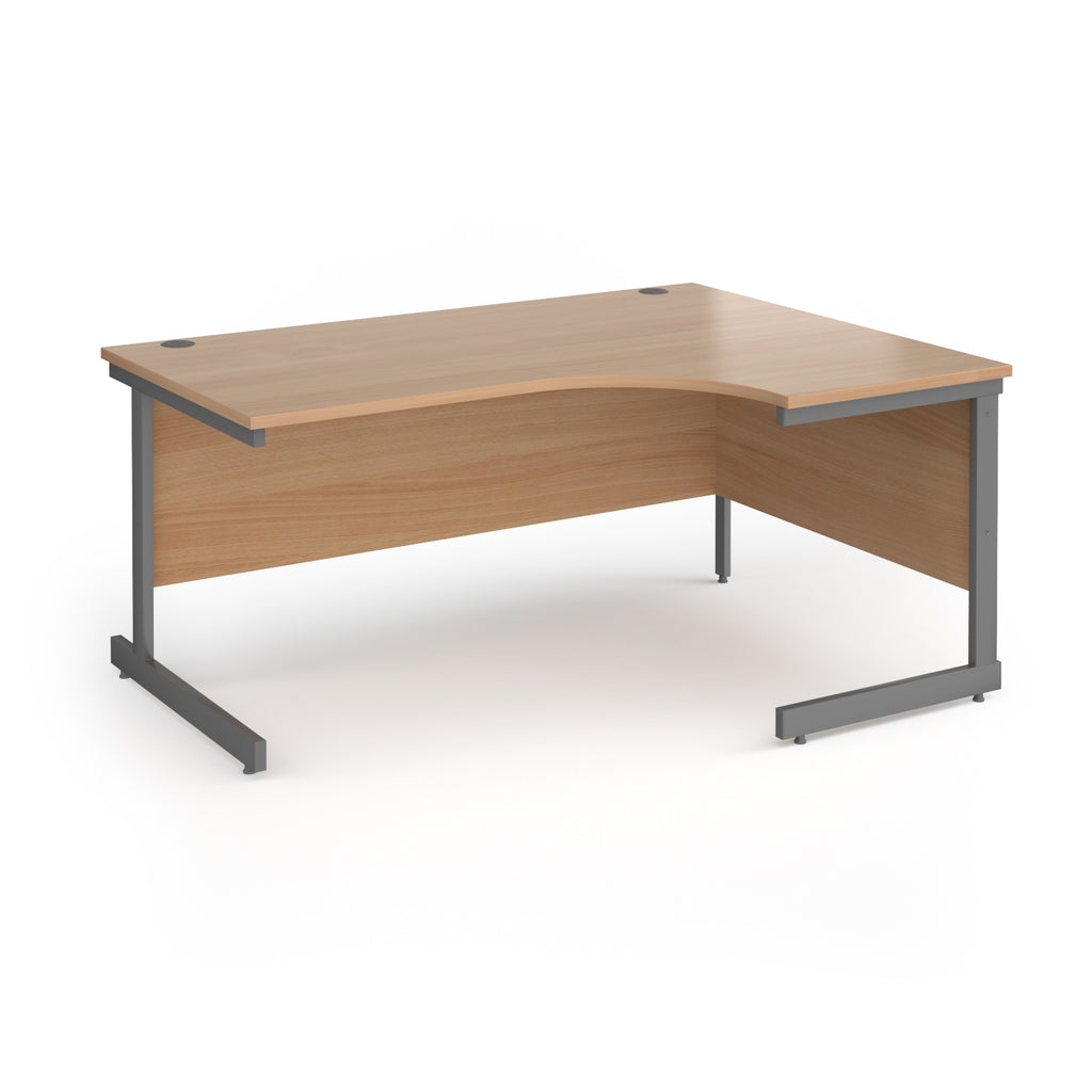 Corner desk with wood-effect top and grey metal frame on a white background