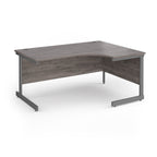 Corner desk with grey wood-effect top and grey metal frame on a white background