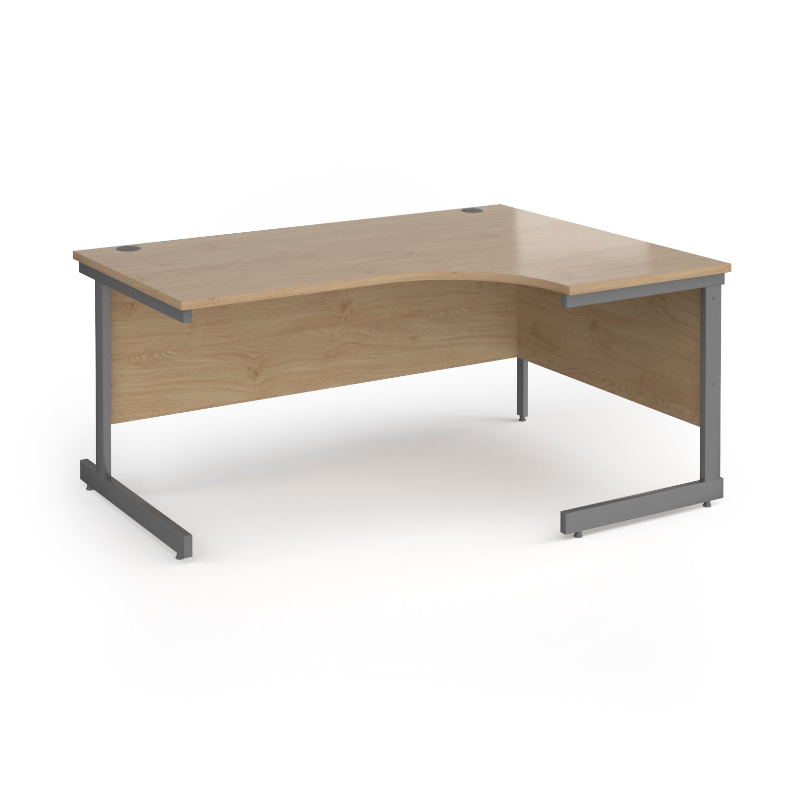 Corner desk with wood-effect top and grey metal frame on a white background
